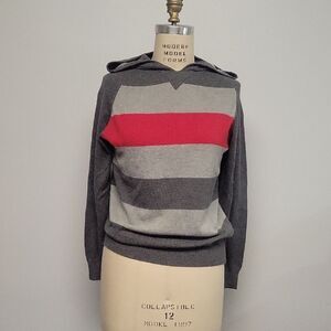 Carbon Gray and Red Striped Hoodie Sweater, 100% Cotton. Size S